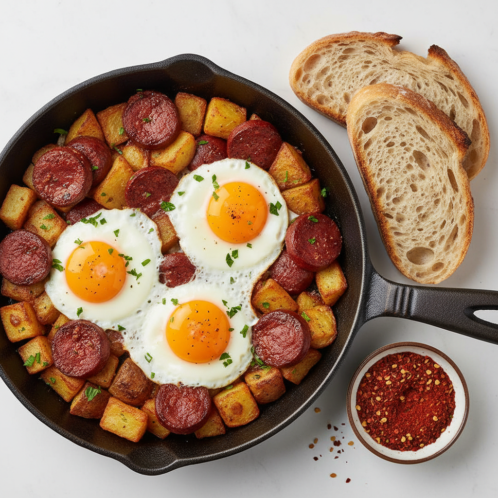 Sunny Side Up Eggs with Sucuk, Potatoes and Bread