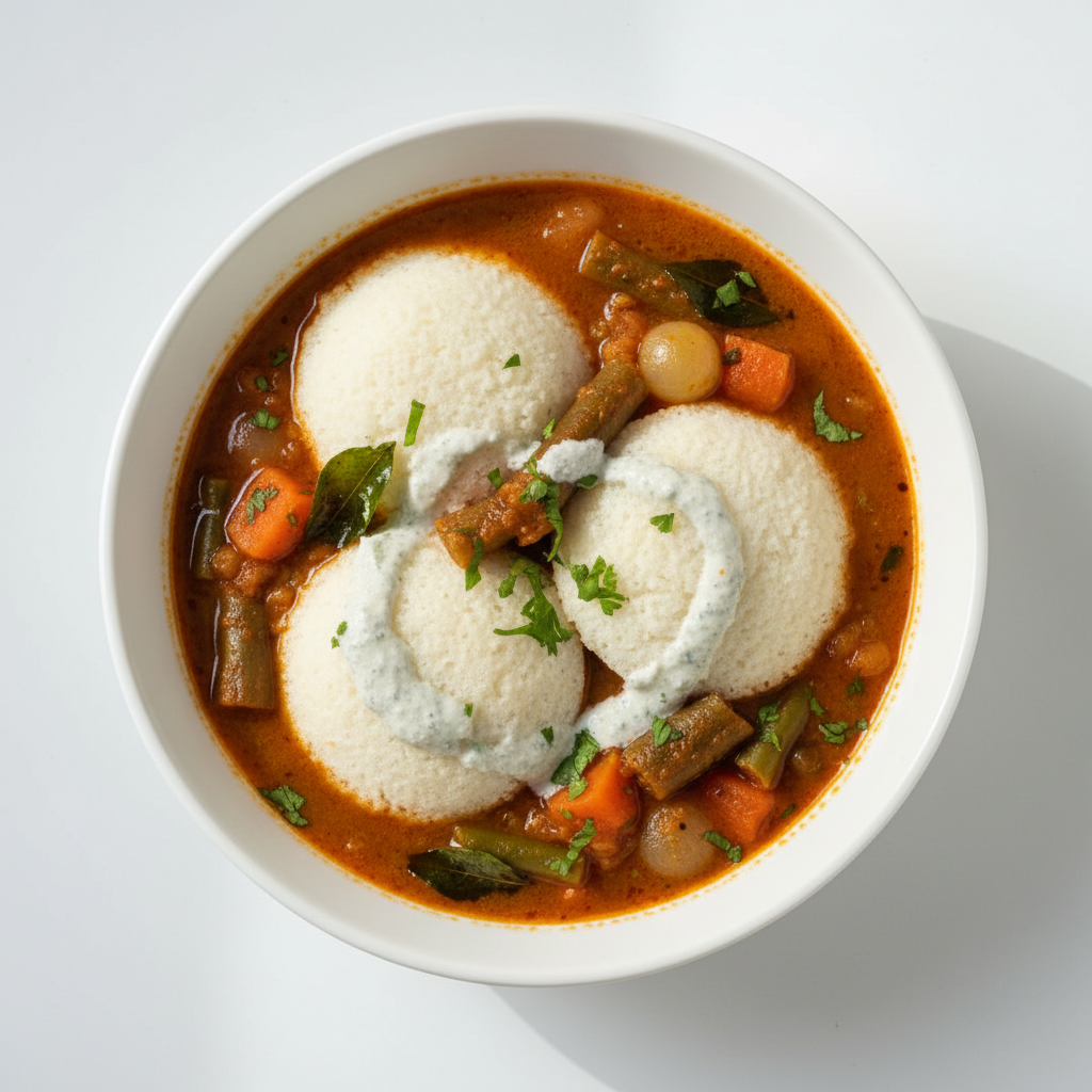 3 Piece Steamed Idly in Vegan Sambar - Sambar Idly