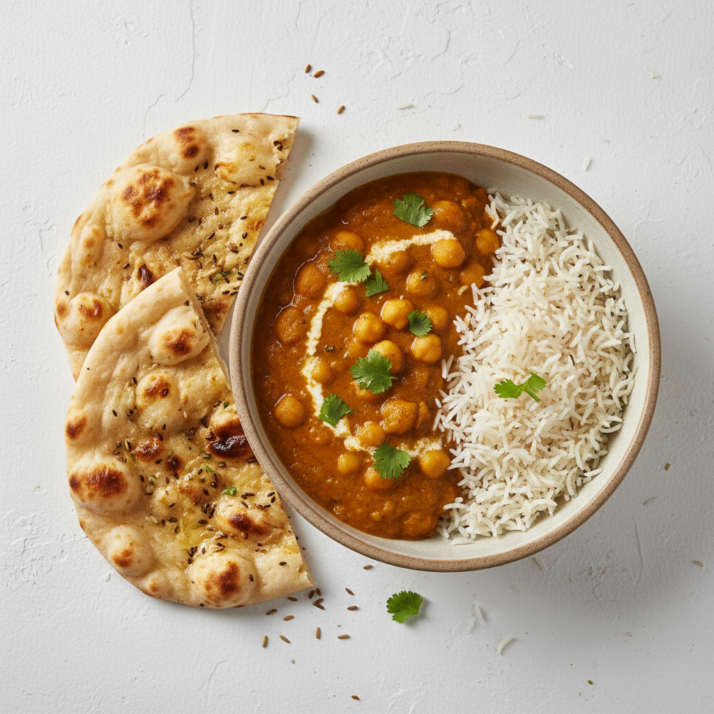 Channa Chickpea Curry on Basmati Rice with Naan