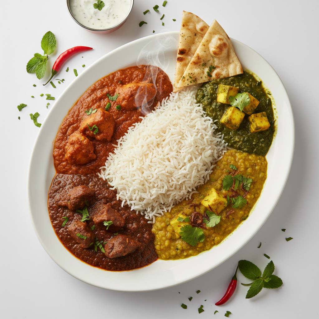 Combo #3: 2 Meat Curries & 2 Veg Curries on Rice
