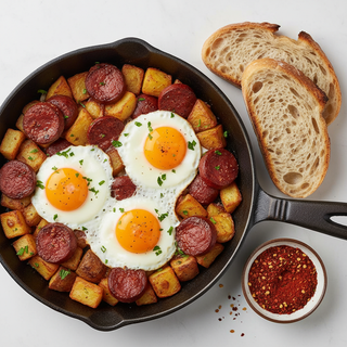 Sunny Side Up Eggs with Sucuk, Potatoes and Bread
